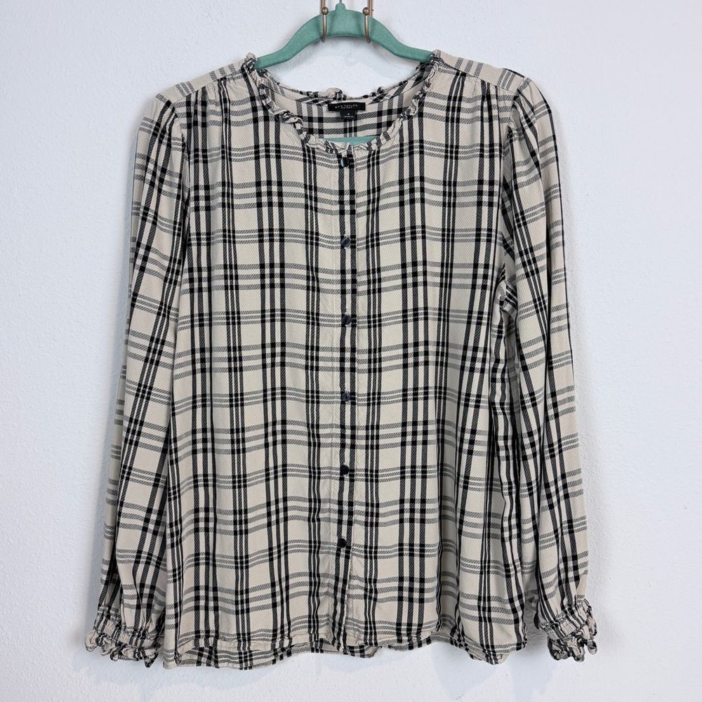 Ann Taylor Factory Black Beige Checkered Button Down Shirt M